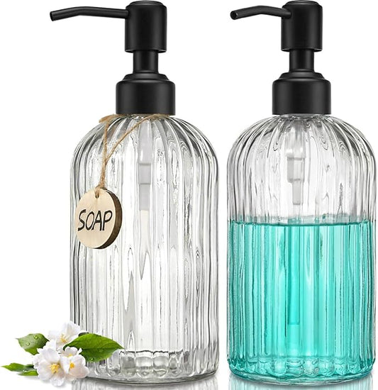JASAI 2PACK 18Oz Simple Glass Soap Dispensers with Black Pump, Refillable Kitchen soap Dispenser with Vertical Stripe, Bathroom Soap Dispenser for Bathroom Hand soap, Dish Soap, Lotion. by JASAIHOME