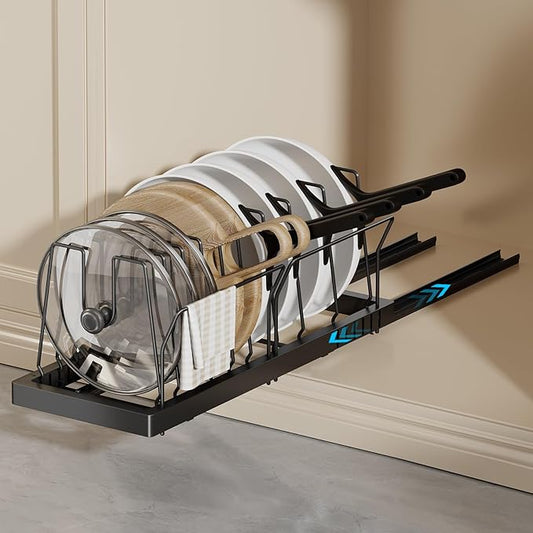 Magheo Pots and Pans Organizer Under Cabinet, 22" Deep Expandable Pull Out Pot Lid Organizer and Storage with 10 Adjustable Dividers No Drill Pot and Pan Holder Rack with Handle Bracket(1 Pack,Black) by COMFORTYOURHOME