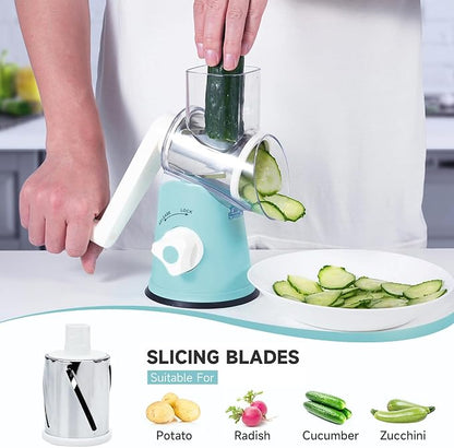 Rotary Cheese Grater, Cheese Grater Hand Crank with 3 Interchangeable Blades, Manual Cheese Shredder with Strong Suction Base, Easy to Use and Clean, Blue - Image 3
