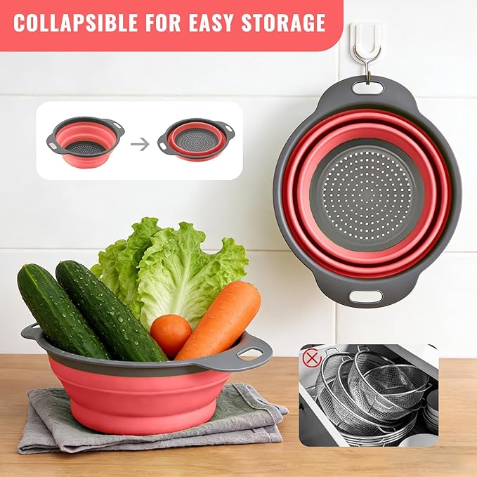 2 Pack Collapsible Silicone Colander with Handle, Over Sink Foldable Food Strainer, BPA-Free Space Saving Drain Basket for Vegetables, Fruits, Pasta, Kitchen & Camping (Red) - Image 3