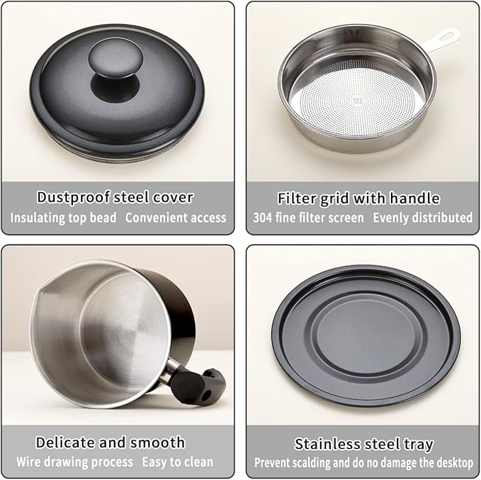 Kyraton Black Bacon Grease Container With Strainer, 48 oz Black Coating Stainless Steel Oil Container, Pot Fat Storage With Lid, Easy Grip Handle Suitable For Storing Frying Oil And Cooking Grease