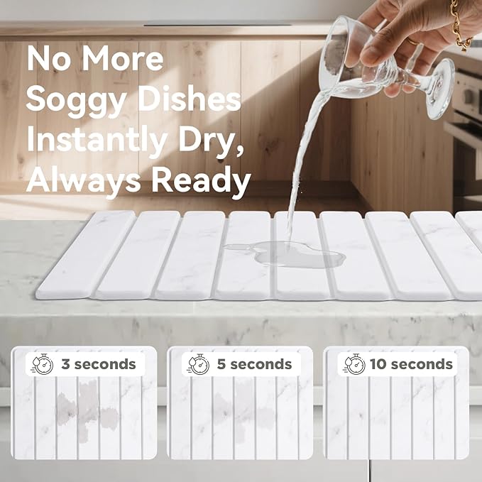 Stone Drying Mat for Kitchen Counter, 24"(L)×16"(W), Drying Matt Kitchen Counter, Stone Dish Drying Mat, Foldable Diatomaceous Earth Mat - Image 3