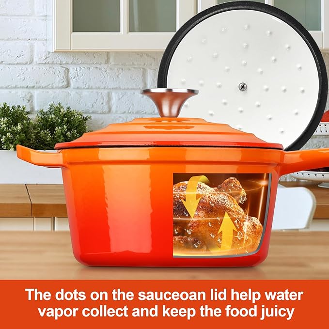 HaSteeL 1 QT Cast Iron Saucepan, Mini Enamel dutch oven with lid, Small Non Stick Pan for Milk, Pasta Tomato Sauce, Butter, Breakfast, Soup, Suitable for Boiling Stewing Frying, Easy to Clean, Orange