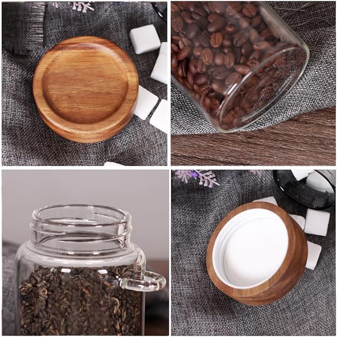 SAIOOL Loose Leaf Tea Storage Canister Set, 4 Pieces 16 OZ Glass Tea Containers with Wooden Lids and Spoons for Loose Tea, Coffee, Sugar, Oatmeal, Herbs (Tea Canisters) - Image 2