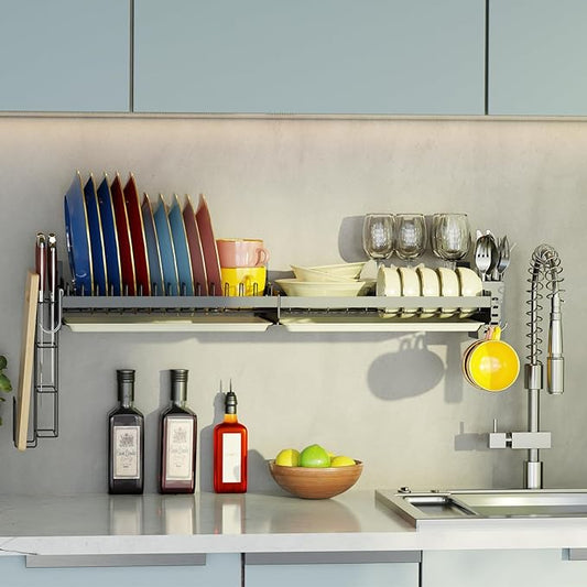 Hanging Wall Mounted Dish Drying Rack with Cutting Board Rack*1, Hook*4, Drain Tray*2, Apartment & RV Wall Mounted Dish Rack, Adhesive Mountable, Mounted Length: 31.8", Washable (Black)