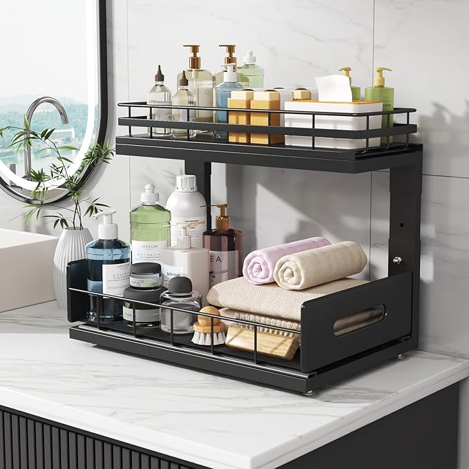 Under Sink Organizer Upgrade To Professional Rails,2-Tier Dual Pull Out Cabinet Storage,Height Adjustable Slide Out Drawers For Bathroom Kitchen,2 Pack-14.5"Dx12.8"-16.9"H,Black - Image 5