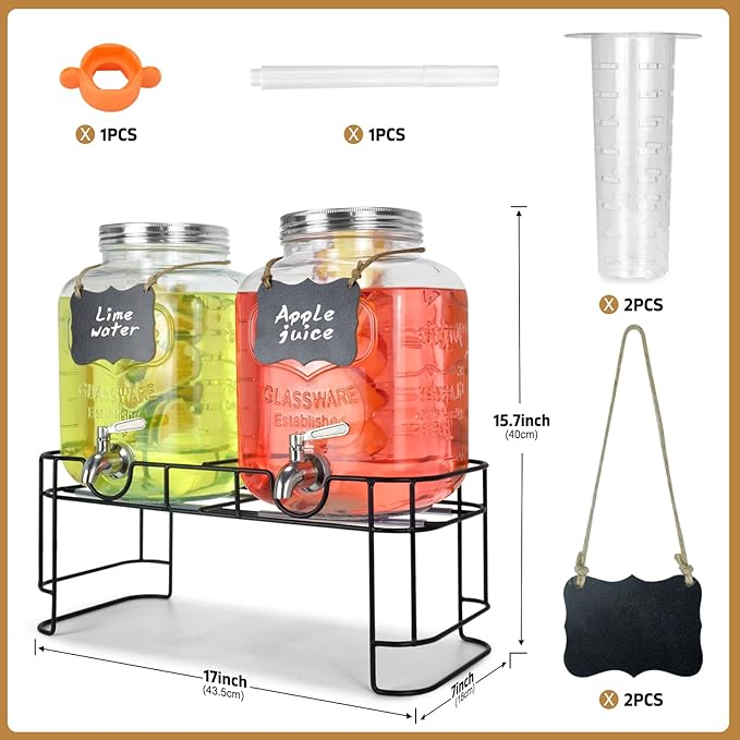 DD&HAPP Gallon Glass Drink Dispensers For Parties 2PACK.1.5Gallon Beverage Dispenser,Glass Drink Dispenser With Stand And Stainless Steel Spigot 100% Leakproof.Lemonade Dispenser With Ice Cylinder. - Image 6