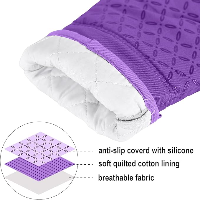 KEGOUU Oven Mitts and Pot Holders 6pcs Set, Kitchen Oven Glove High Heat Resistant 500 Degree Extra Long Oven Mitts and Potholder with Non-Slip Silicone Surface for Cooking (Purple) - Image 4
