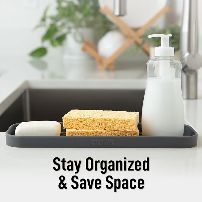 Zulay Kitchen Large Silicone Sponge Holder (12x4) – Flexible Sink Organizer Tray for Kitchen & Bathroom – Multipurpose Soap Dish for Sponges, Makeup, Trinkets & More (Grey) - Image 6