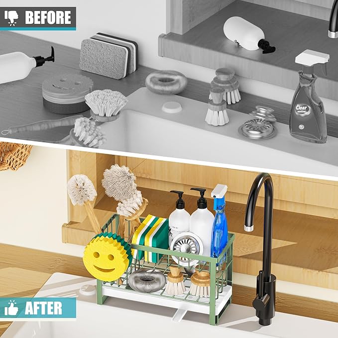 Sponge Holder for Kitchen Sink with Flexible Sink Caddy Smiley Face,2 Tier Kitchen Sink Organizer Countertop and Storage Essentials,Soap Dispenser Organize,Home Decor Accessories-Green - Image 6