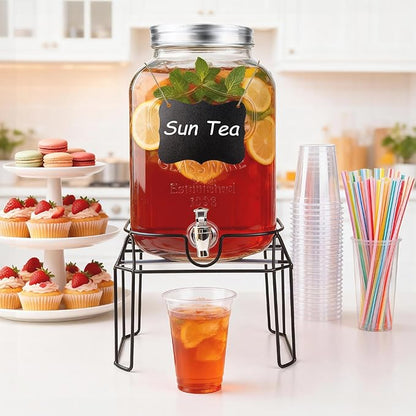 2 Gallon Glass Drink Dispensers For Parties,Beverage Dispenser with Stand,Fruit Infuser,Mason Jar Water Dispenser for Juice/Tea,Lemonade Dispenser for Parties,BPA Free Clear Water Pitcher with Spigot - Image 6