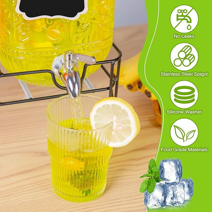 2-Pack1Gallon Glass Drink Dispensers for Parties,Beverage Dispenser with Stainless Steel Leakproof Spigot/Stand/Bamboo Lids/Fruit Infuser/Chalkboard Labels.for Lemonade & Iced Tea,Party Drinks