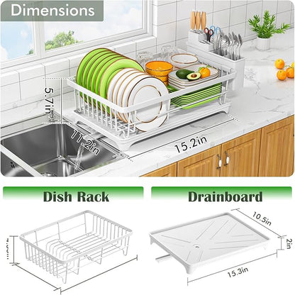 Kmiectse Dish Drying Rack - Space-Saving Small Dish Rack for Kitchen Counter, Rust-Resistant Kitchen Drying Rack, Compact Dish Drainer Organizer with Utensil Holder for Home Kitchen, White - Image 5