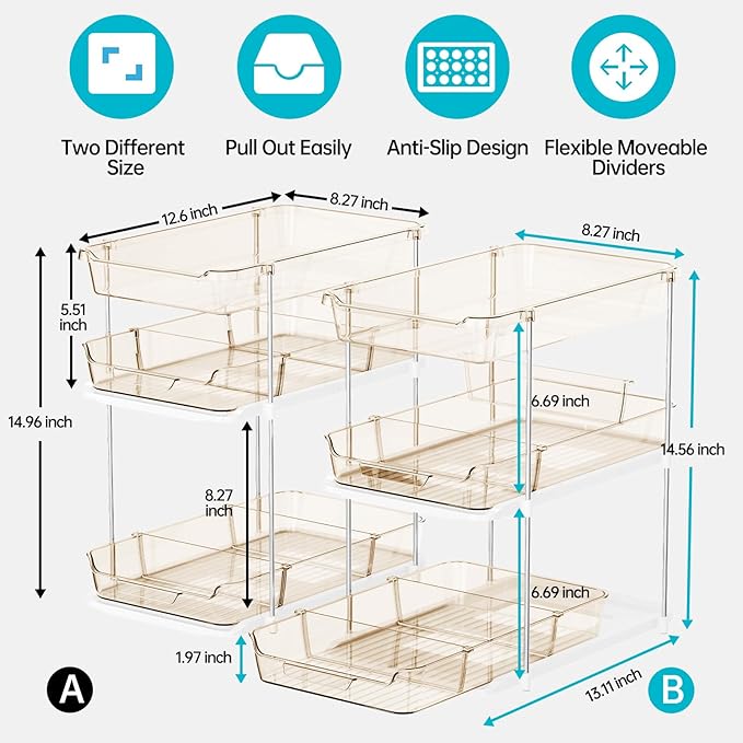Delamu 2 Pack 3-Tier Bathroom Under Sink Organizers and Storage, Multi-Purpose Stackable Pantry Organization and Storage, Pull Out Clear Kitchen Bathroom Cabinet Organizer with Movable Dividers, Amber - Image 2