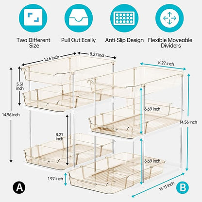 Delamu 2 Pack 3-Tier Bathroom Under Sink Organizers and Storage, Multi-Purpose Stackable Pantry Organization and Storage, Pull Out Clear Kitchen Bathroom Cabinet Organizer with Movable Dividers, Amber - Image 2