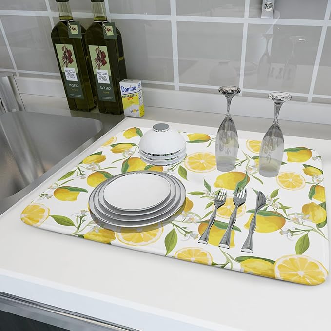 Lemon Dish Drying Mat for Kitchen Counter Spring Summer Microfiber Absorbent Dish Draining Reusable Washable Foldable Extra Large 18"x24" - Image 6