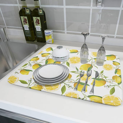 Lemon Dish Drying Mat for Kitchen Counter Spring Summer Microfiber Absorbent Dish Draining Reusable Washable Foldable Extra Large 18"x24" - Image 6