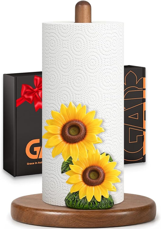 Sunflower Paper Towel Holder, Yellow Sunflower Kitchen Decor for Countertop, Gifts for Women Mom Grandma, Wooden Stand with 3D Resin Floral Accent, Non-Slip Base, Fits Standard & Jumbo Rolls