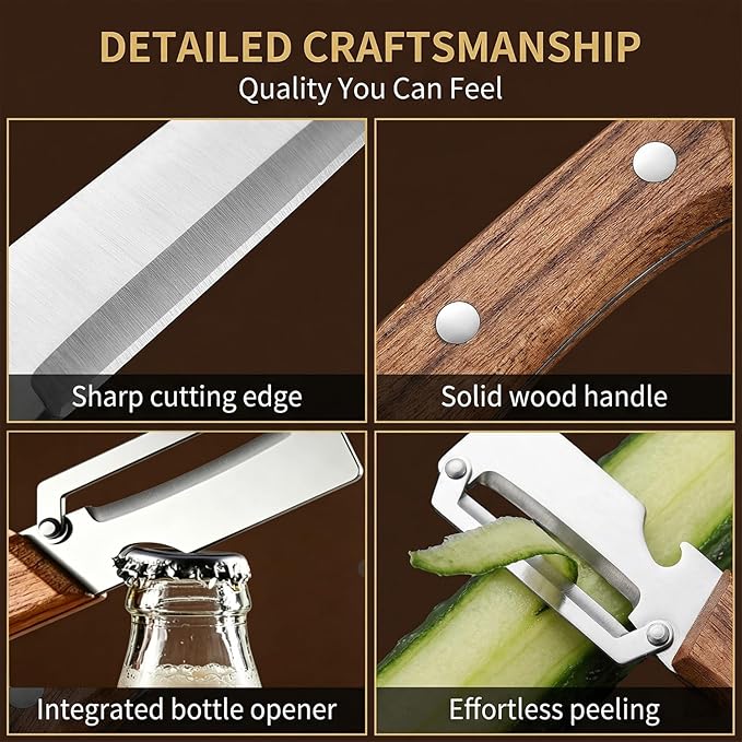 MultiFunctional Vegetable Peeler for Kitchen, Vegetable Peeler with Wooden Handle and Bottle Opener, 2-in-1 Stainless Steel Kitchen Peelers for Fruit Veggie Apple Potato Pumpkin Papaya(1PCS) - Image 5