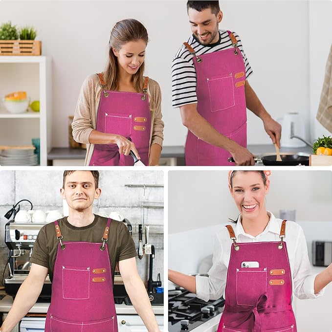 OUNLEN Chef Apron for Men Women Canvas Aprons with 3 Pockets Cross Back Resistant Work Apron for Cooking - Image 6