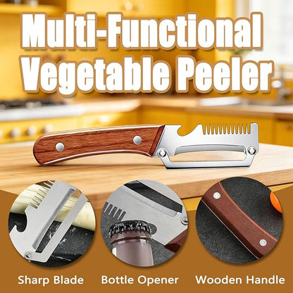 2Pcs Multi Functional Vegetable Peeler for Kitchen, with Bottle Opener and Wooden Handle, 3-in-1 Stainless Steel Kitchen Tool for Fruit Potato Pumpkin(3 in 1) - Image 2