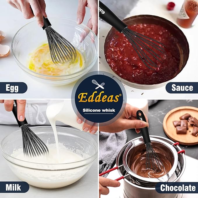 Eddeas Mini Silicone Whisk, Small Silicone Whisk 7+9in, BPA free Non Scratch Coated Protect your Ceramic Pots and Pan.Perfect for Whisking, Beating, Mixing.Black - Image 4