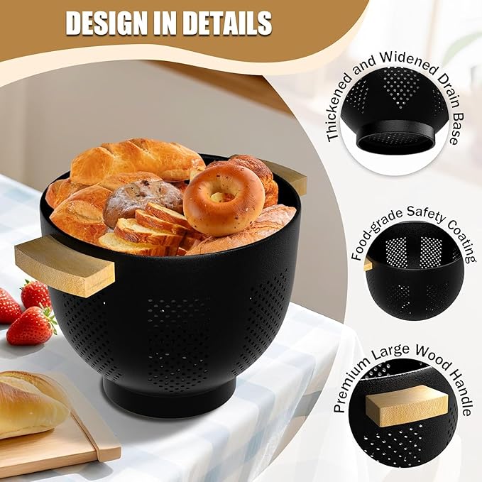 Metal Colander with Wood Handle and Stable Base, Powder Coated Steel Kitchen Strainer Basket for Draining Pasta, Vegetable and fruit(5.5quart,Matte Black) - Image 2