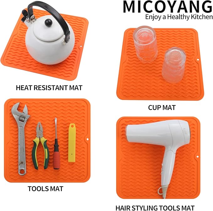 MicoYang Silicone Dish Drying Mat for Multiple Usage,Easy clean,Eco-friendly,Heat-resistant Silicone Mat for Kitchen Counter or Sink,Refrigerator or Drawer liner Orange M 12 inches x 12 inches - Image 4