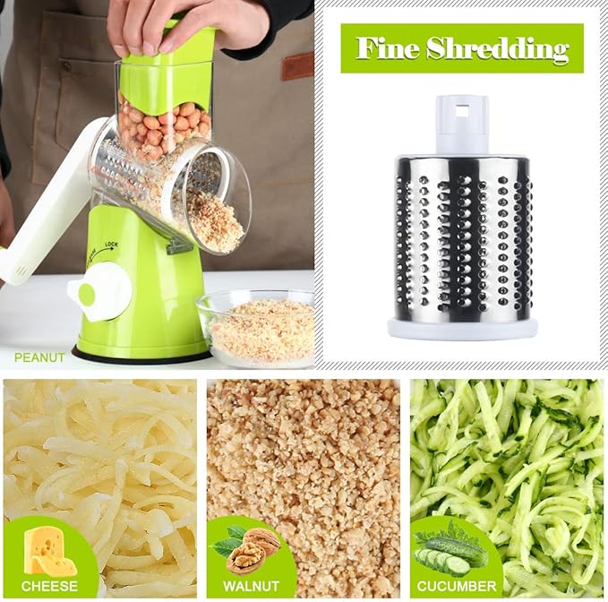 Ourokhome Rotary Cheese Grater Hand Crank, Kitchen Shredder Speed Mandolin Slicer Nut Grinder with Handle and Drum Blades for Cheese, Vegetable, Walnut, Chocolate, Potato, Carrot, 3 Blades, Green - Image 4