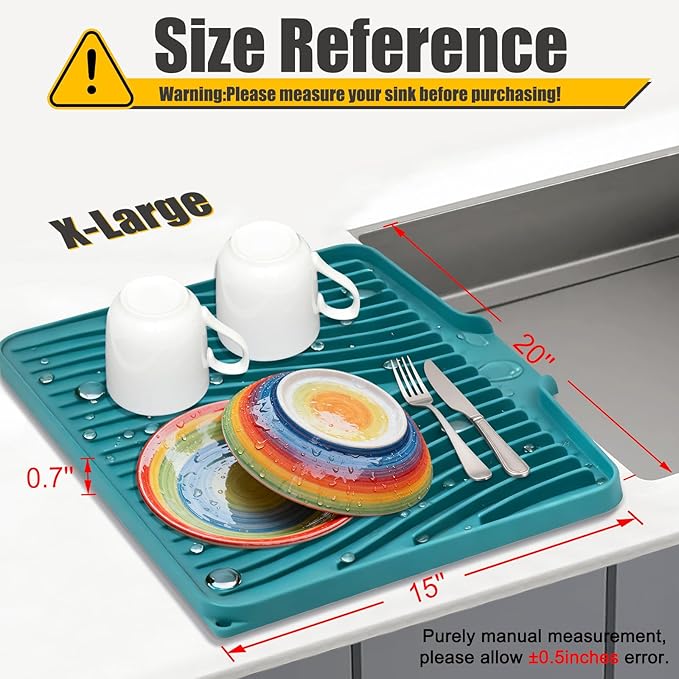 TIKNIK Silicone Dish Drying Mat, Stone Drying Mat for Kitchen Counter with Built-In Drain, Non-Slip Drain Pad with Built-in Drain, Heat Resistant Stone Drying Mat, 1Pcs 20" x 15", Green - Image 2
