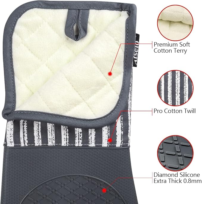 Alselo Silicone Oven Mitts Heat Resistant 932℉ with Waterproof & Non-Slip Kitchen Mittens, Set of 2 Extra Long Oven Gloves with Soft Cotton Terry Lining for Baking Cooking Barbecue - Image 3