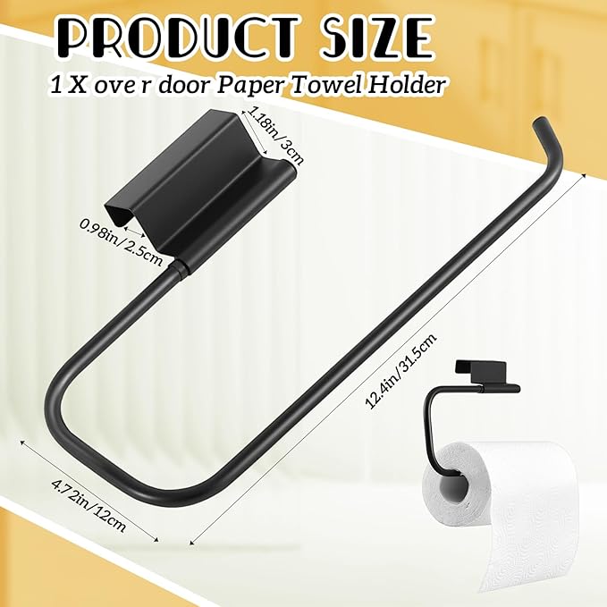 Yaocom 12.4 Inches Cabinet Door Paper Towel Holder Camper Under Sink No Drilling Paper Towel Storage and Dispenser for RV Kitchen Bathroom Laundry Room, Stainless Steel(Black,1 Pcs)