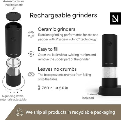 LARS NYSØM Electric Salt and Pepper Grinder Set I Automatic Salt and Pepper Mills with Adjustable Ceramic Grinder I AAA-Battery Operated Electric Spice Mill Set (Carbon Black)