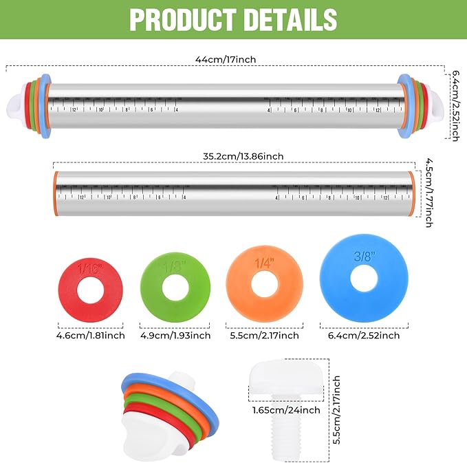 Rolling Pin with Adjustable Thickness Rings and Silicone Baking Pastry Mat Set for Baking,Stainless Steel Dough Roller,Baking Supplies for Cookie Fondant Pizza Cake Pasta(Red) - Image 3
