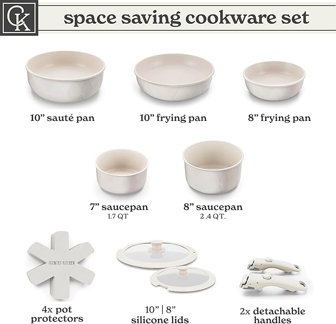 Country Kitchen Cookware Set with Removable Handle, Oven & RV Safe Pots and Pans Set, Cream Diamond, Original - Image 3