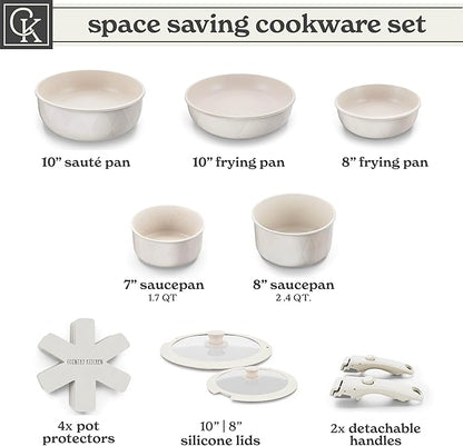 Country Kitchen Cookware Set with Removable Handle, Oven & RV Safe Pots and Pans Set, Cream Diamond, Original - Image 3