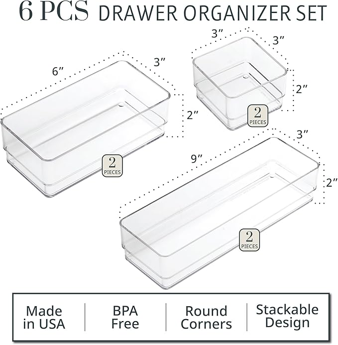 STORi SimpleSort Drawer Organizer Bins 6 pc Set, Multi-size, Bathroom Organizers and Storage, Makeup Organizer, Desk Organizer, Vanity Organizer, Clear Organizing Containers, Made in USA - Image 2