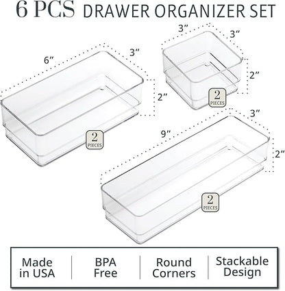 STORi SimpleSort Drawer Organizer Bins 6 pc Set, Multi-size, Bathroom Organizers and Storage, Makeup Organizer, Desk Organizer, Vanity Organizer, Clear Organizing Containers, Made in USA - Image 2