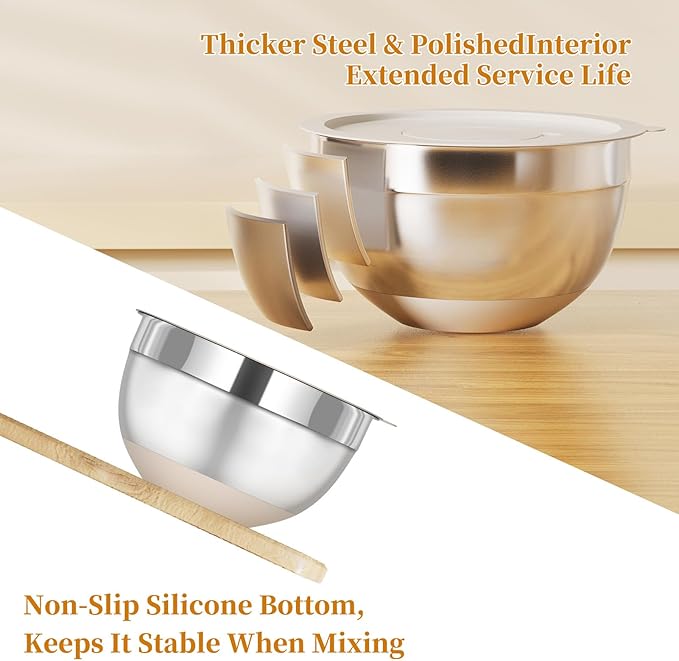 Fyrnova Mixing Bowls with Lids Set, 6 Piece Stainless Steel Nesting Storage Bowls for Kitchen, with 3 Grater Attachments & Non-Slip Bottoms, Size 5.5,3.5,2.5,2.1,1.5,1.1 QT - Image 6