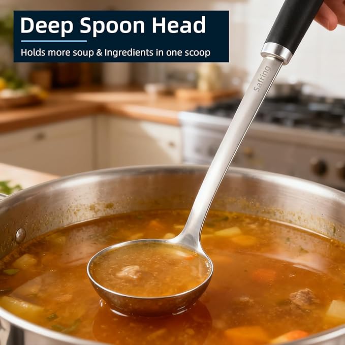 Safring Stainless Steel Soup Ladle and Spaghetti Spoon Set, Heat Resistant Rubber Handle, Dishwasher Safe, Kitchen Utensils for Cooking, Stirring, Serving Pasta, Soup & Sauce - Image 5