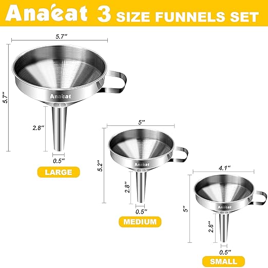 Anaeat 3 Pack Stainless Steel Kitchen Funnel Set, Multi-Use Premium Metal Food Grade Cooking Funnels with 2 Removable Strainer Filter for Transferring Liquid or Dry Ingredients & 1 Pc Cleaning Brush - Image 6