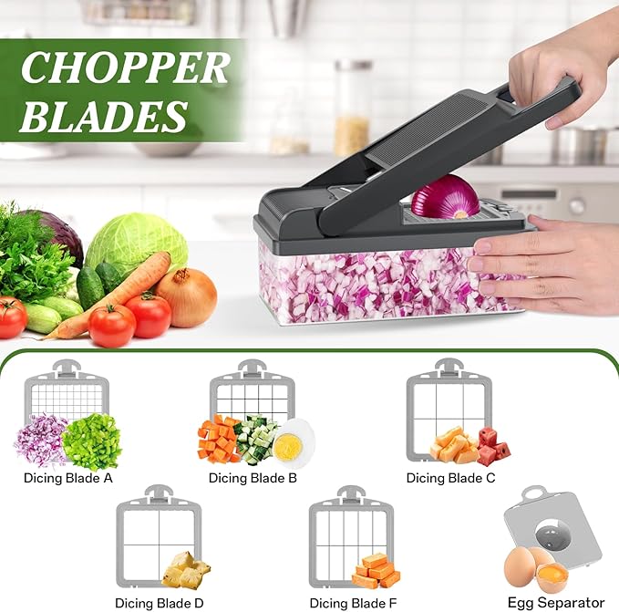 HomeHacks Vegetable Chopper Vegetable Cutter, 15 in 1 Kitchen Gadget, Dicer, Slicer, Onion Cutter, Salad, Cheese Grater & Egg Separator - Multi-Functional Veggie Chopper Lid with Handle (Grey) - Image 2