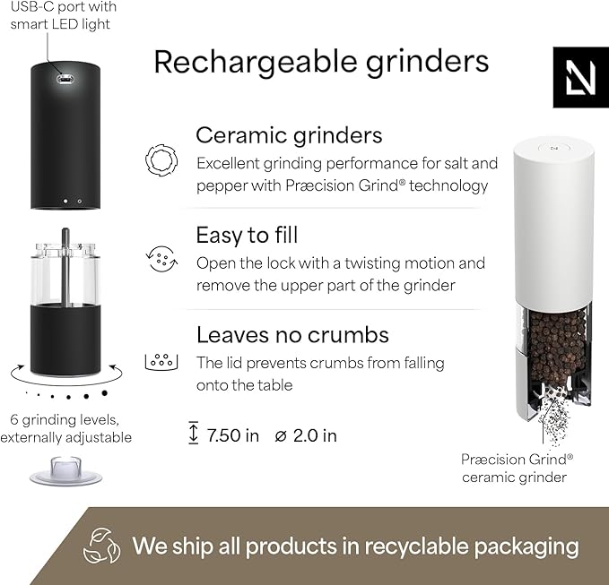 LARS NYSØM Electric Salt and Pepper Grinder Set I Automatic Salt and Pepper Mills with Adjustable Ceramic Grinder I USB Rechargeable Electric Spice Mill Set with LED Light (Black/White) - Image 4