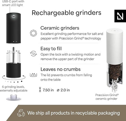 LARS NYSØM Electric Salt and Pepper Grinder Set I Automatic Salt and Pepper Mills with Adjustable Ceramic Grinder I USB Rechargeable Electric Spice Mill Set with LED Light (Black/White) - Image 4
