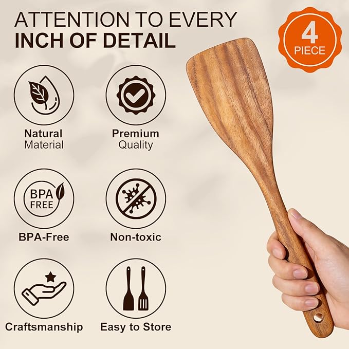 4 Pcs Acacia Wooden Spatula Set Non Toxic Kitchen Utensil Set Slotted Turner Flat Wood Wok Spatulas for Cooking Spoon Kitchen Spurtle Bamboo Cooking Utensils Fish Egg Flipper Spatula Cast Iron Scraper