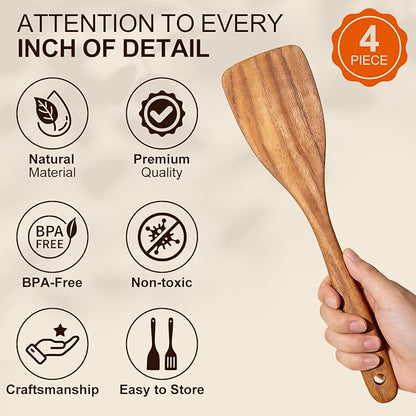4 Pcs Acacia Wooden Spatula Set Non Toxic Kitchen Utensil Set Slotted Turner Flat Wood Wok Spatulas for Cooking Spoon Kitchen Spurtle Bamboo Cooking Utensils Fish Egg Flipper Spatula Cast Iron Scraper
