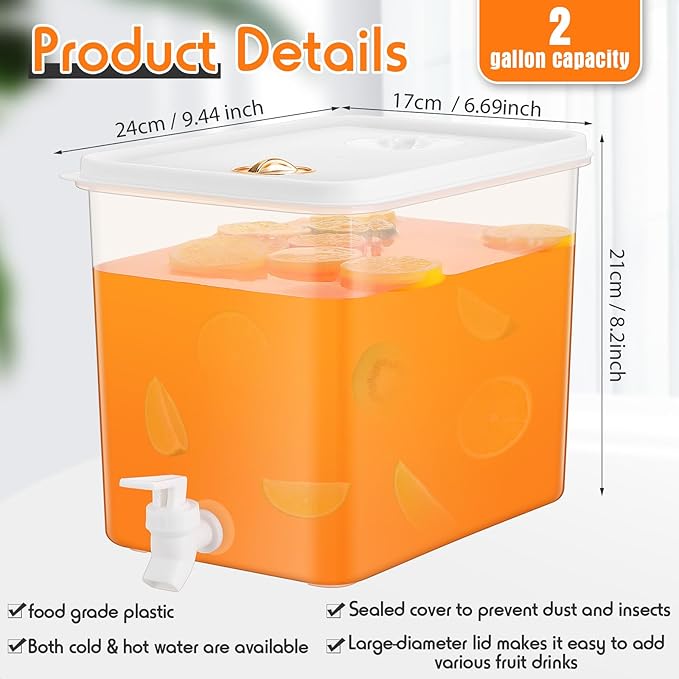 Domensi 8 Pack 2 Gallon Drink Dispenser for Fridge with Spigot Water Dispenser Leak Proof Lids Filter Screen Beverage Juice Container Sealed Plastic Lemonade Milk Cold Hot Drink Tea Jug for Party - Image 2
