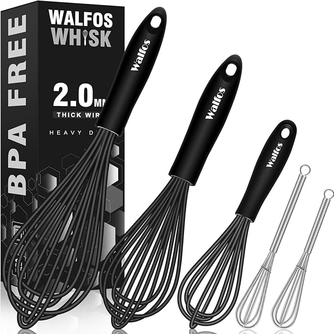Silicone Whisks set with 7+5in mini stainless steel whisk, Non Scratch Coated 7+9+11in Whisks for Nonstick Cookware,Premium for Blending, Whisking, Beating, Frothing & Stirring by Walfos