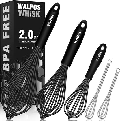 Silicone Whisks set with 7+5in mini stainless steel whisk, Non Scratch Coated 7+9+11in Whisks for Nonstick Cookware,Premium for Blending, Whisking, Beating, Frothing & Stirring by Walfos