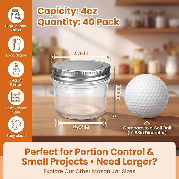 QAPPDA 4oz Glass Jars With Lids,Small Mason Jars Wide Mouth,Mini Canning Jars With Silver Lids For Honey,Jam,Jelly,Wedding Favor,Shower Favors,Spice Jars For Kitchen Storage & Home,Set of 40 - Image 2